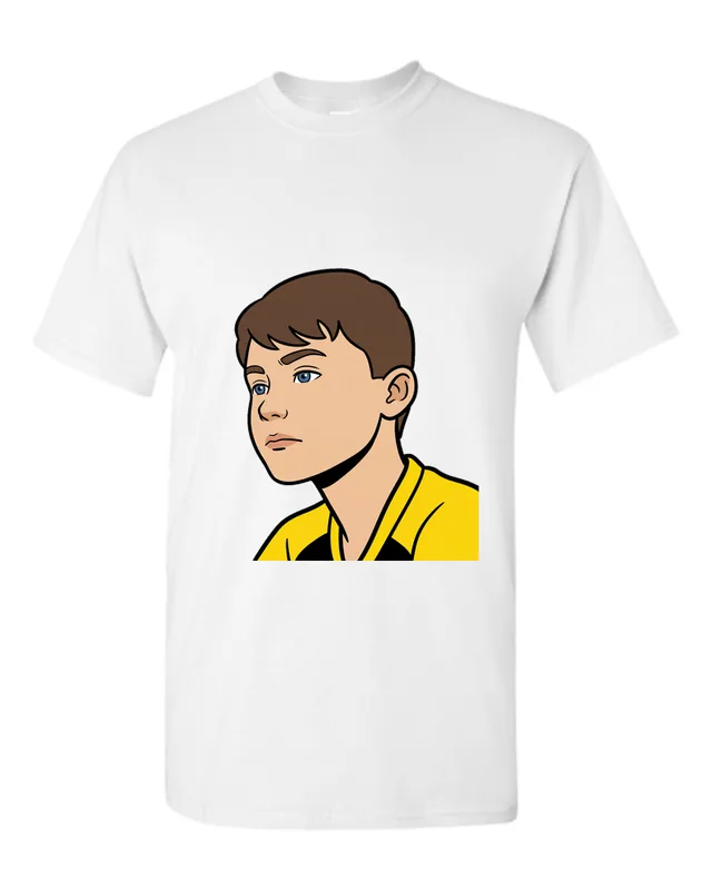 Cartoon portrait of a boy on a white t-shirt, made from the photo shown in the corner